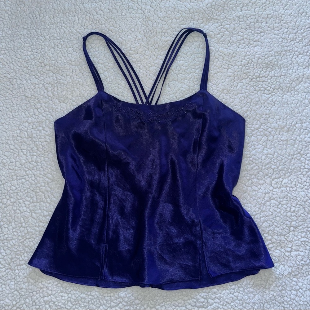 VTG satin style cami purple beading floral embroidery cottage whimsy fairy L